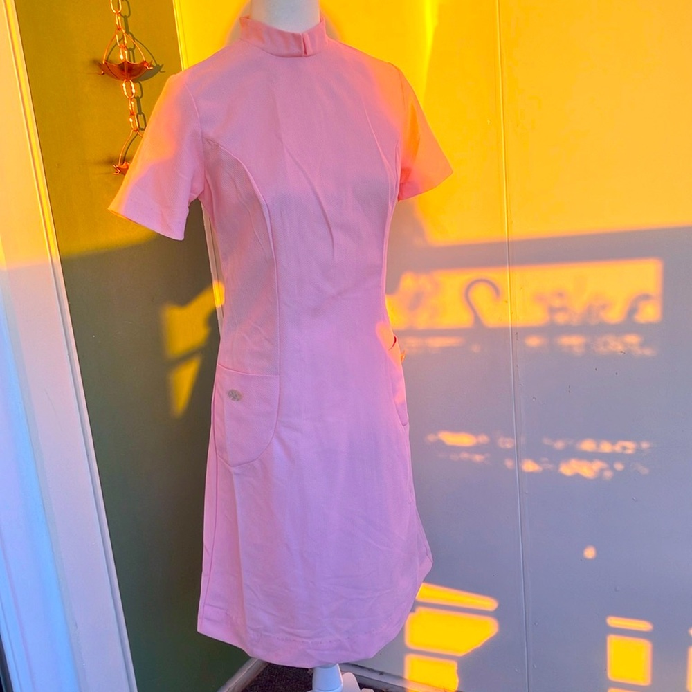 Vintage 60s 70s Mod Pink High Collar Dress